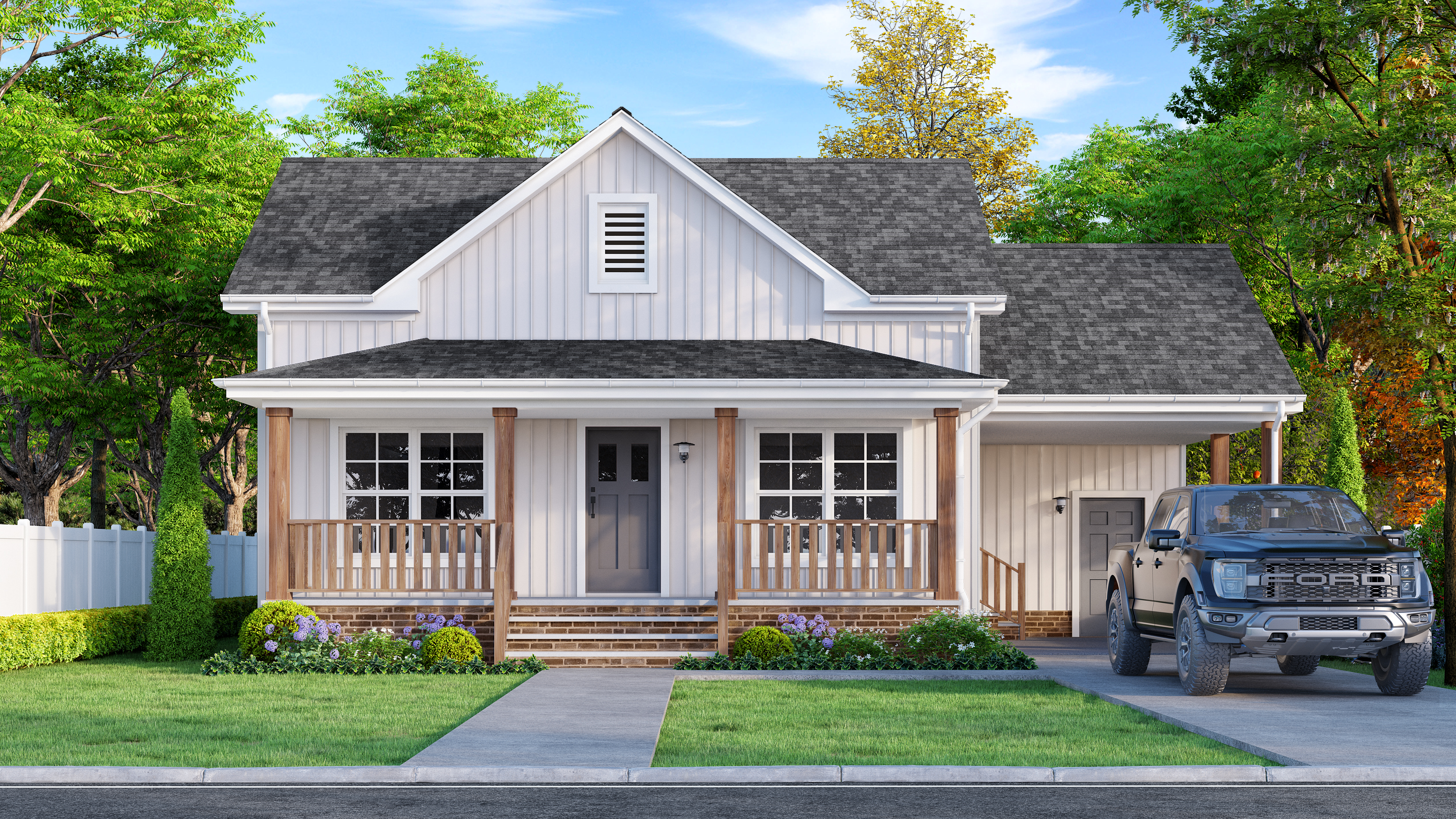 Evergreen with batten siding